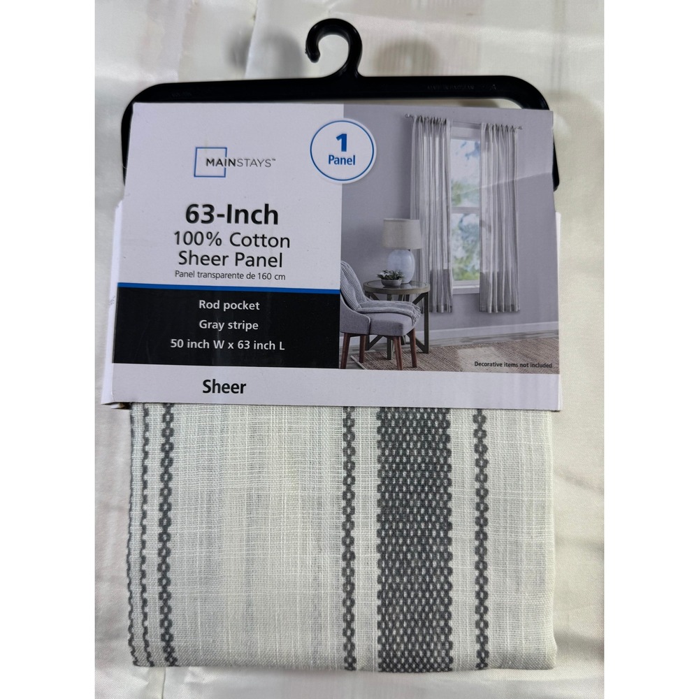 Mainstays 63-Inch 100% Cotton Sheer Panel Gray Stripe 50x63 Rod Pocket Curtain